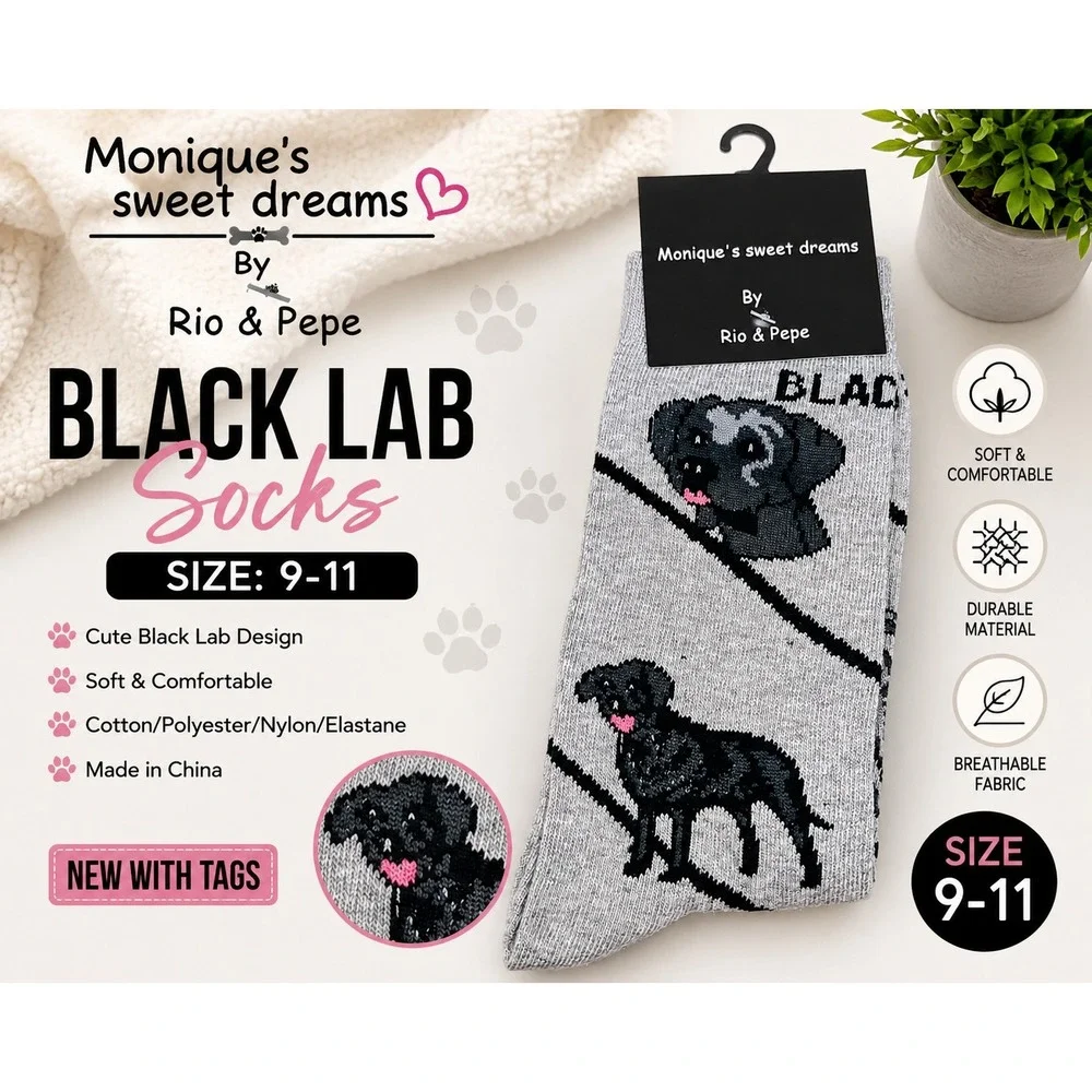 Rio & Pepe Moniques Sweet Dreams Black Lab Dog Socks Gray Novelty Crew Size 9-11